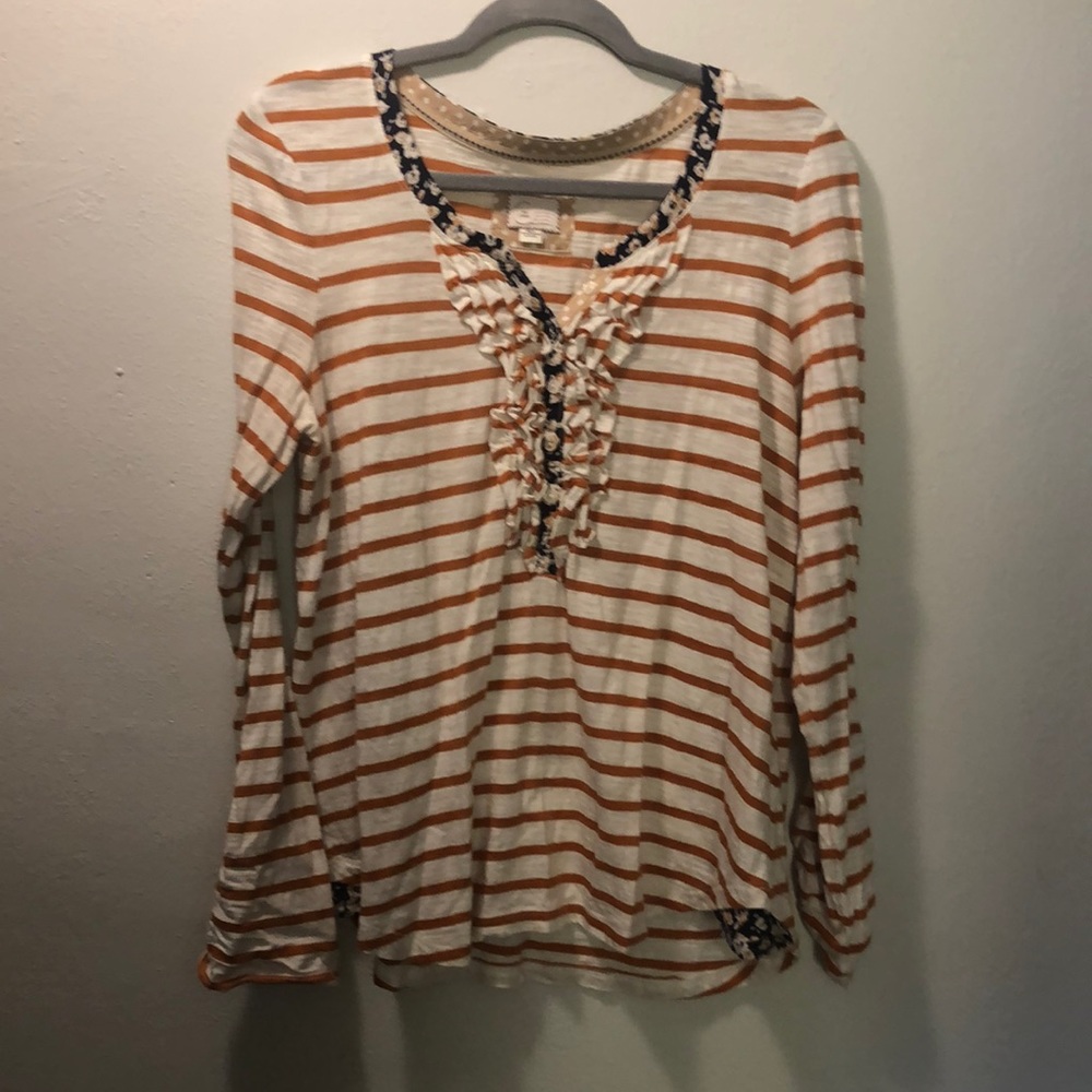 Anthropologie Cream and Orange Striped Long Sleeve Ruffle Front Tee